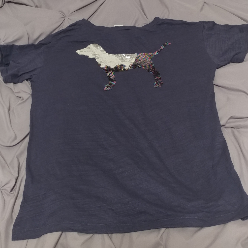 NWT Pink VictoriasSecret Sequin Dog Logo Tee